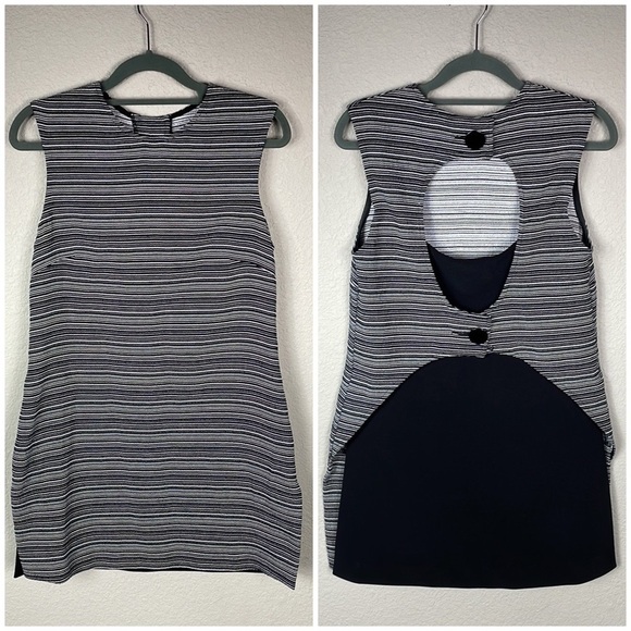 Veronika Maine Black White Noir Stripe Overlay Dress Open Cut Out Back US 6 - Picture 1 of 8